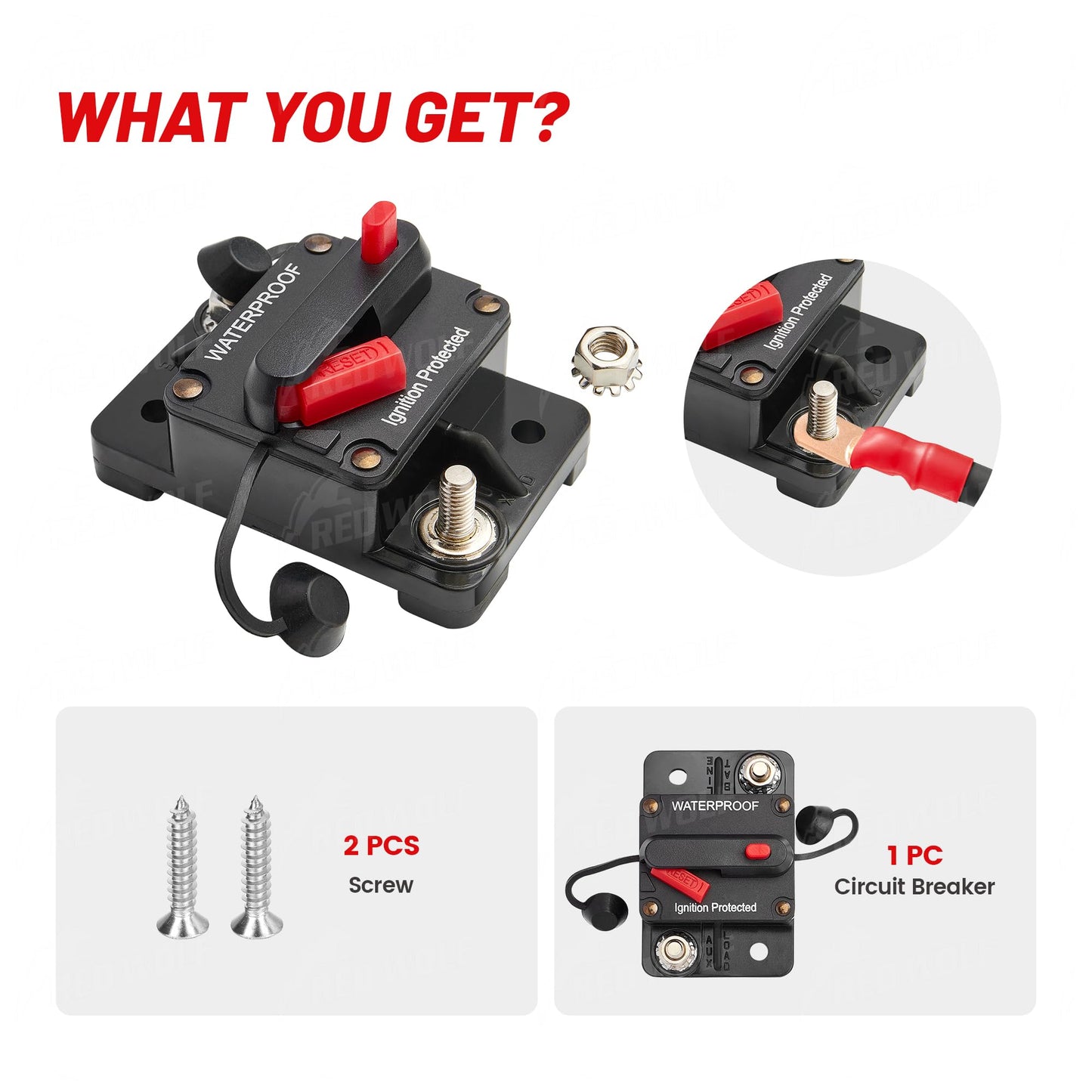 RED WOLF 20A Circuit Breaker Holder W/Manual Reset Switch 12-48V DC for Boat Trolling Motor Marine ATV Trailer Vehicles Stereo Audio Electronic Battery Fuse Solar Power System, 20 Amp Screws