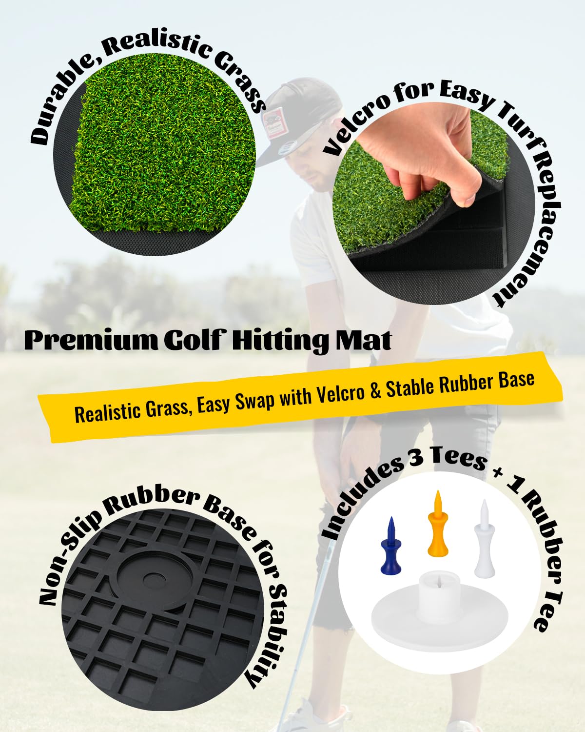 FODESAN Golf Hitting Mat – Golf Gifts Dual Turf Swing Trainer Practice Mat with Replaceable Surfaces & Tees – Indoor/Outdoor, Golf Net & Simulator-Compatible Training Mat for Winter Practice