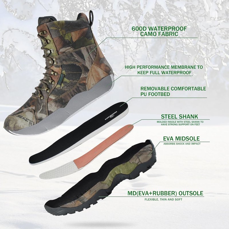 Waterproof Men's 8" Camo Hunting Boots - Lightweight Insulated Hiking Boots with 200g Thinsulate
