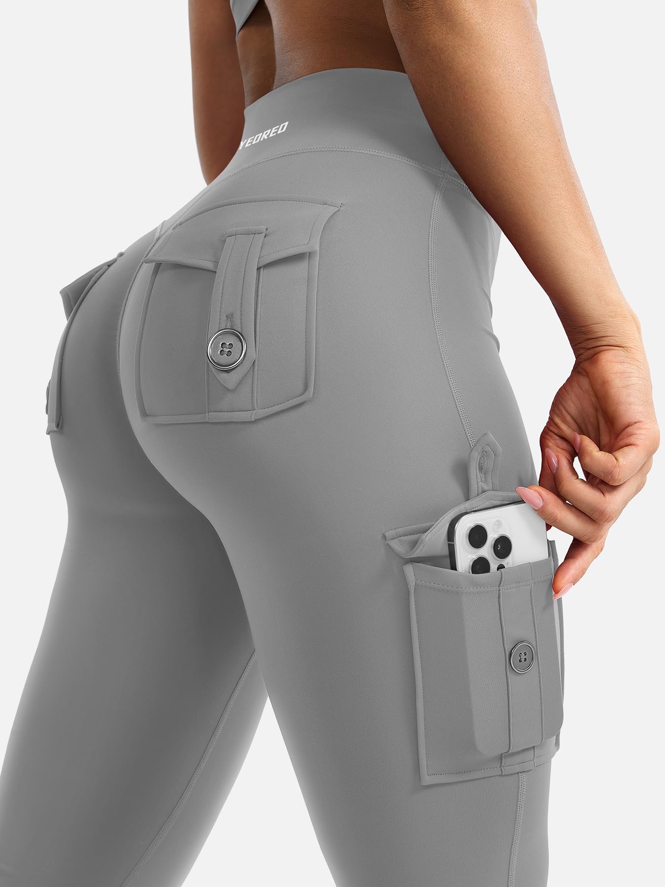 YEOREO CoreFlex Women Workout Flare Leggings with Pockets Hidden Scrunch High Waisted Cargo Gym Yoga Leggings Light Grey XS