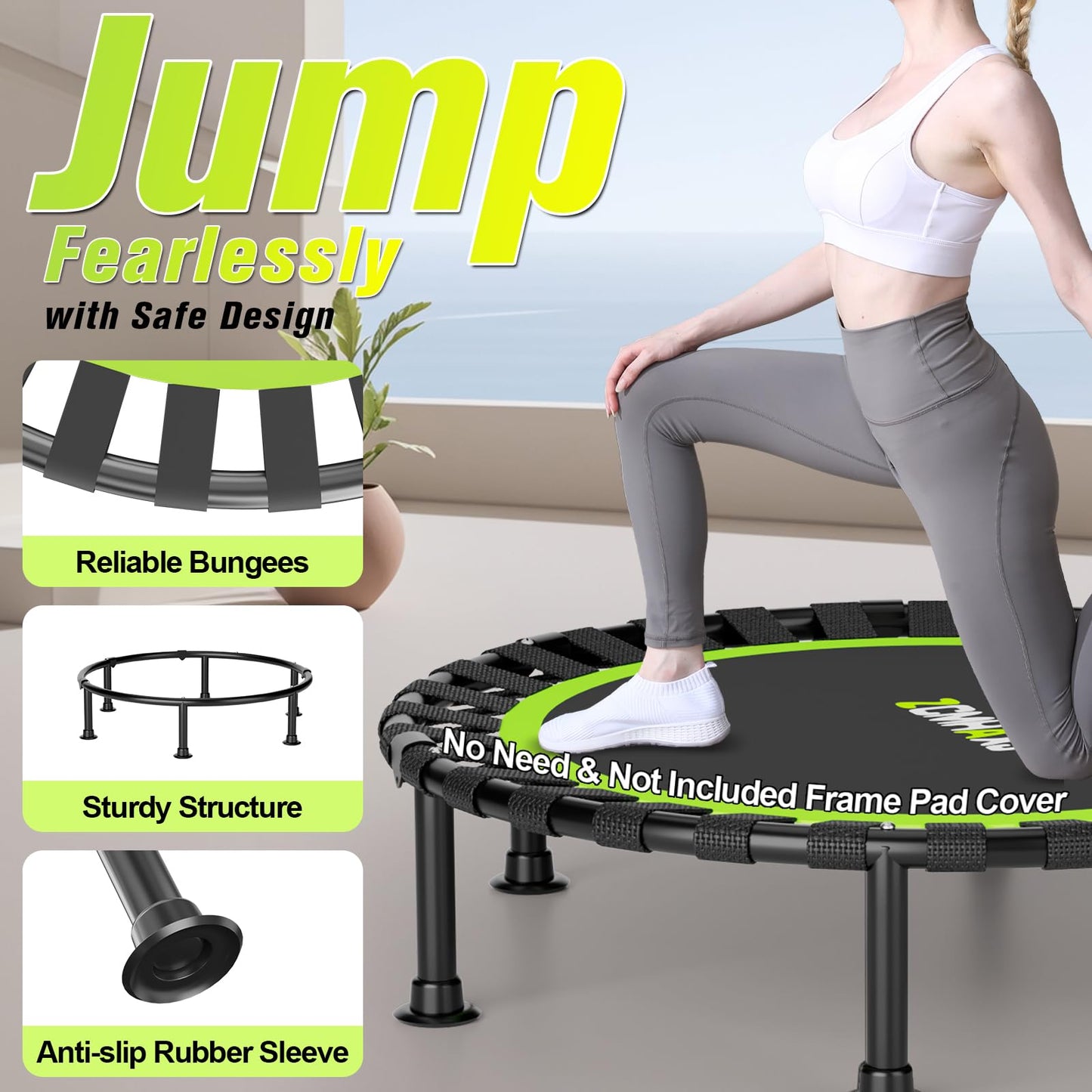 ZCMHAXJ Foldable Mini Trampoline, 36"/40"/48" Rebounder Trampoline for Adults, 440lbs Capacity Indoor Fitness Workout Exercise Equipment