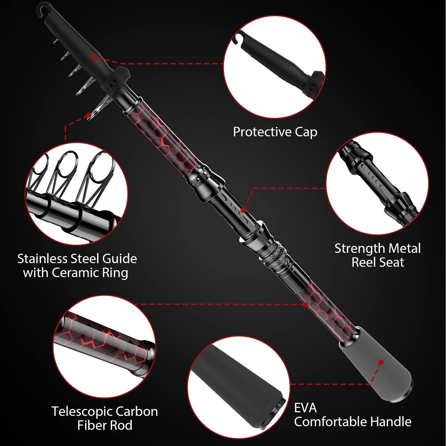 QudraKast Fishing Rod and Reel Combos - High Precision Machined Pattern Telescopic Fishing Pole and 12+1 Full Metal Ultra Smooth Spinning Reel Combos with Carrier Bag 1.8 M
