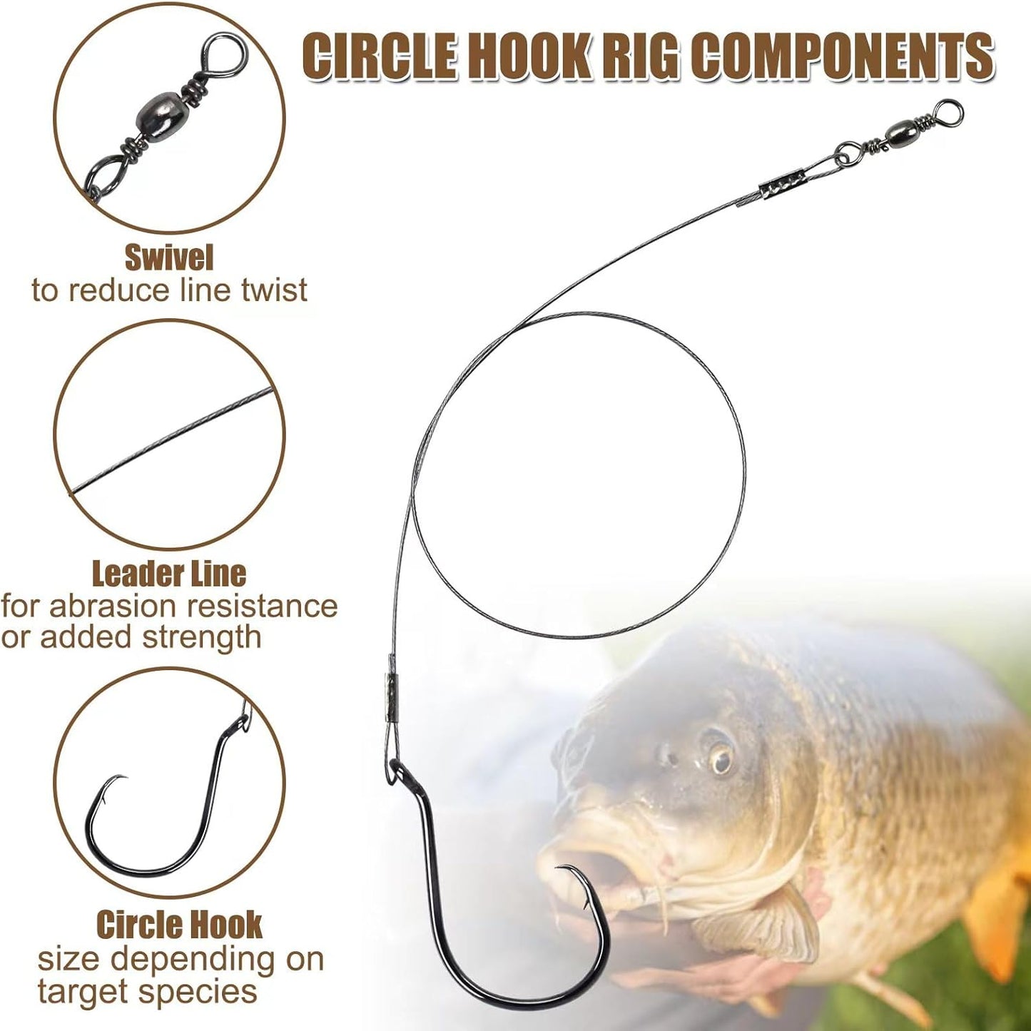Circle Hooks Rigs - 15pcs Fishing Leader Rigs with Steel Wire | Sizes 1/0 to 10/0 for Bass & Catfish Fishing