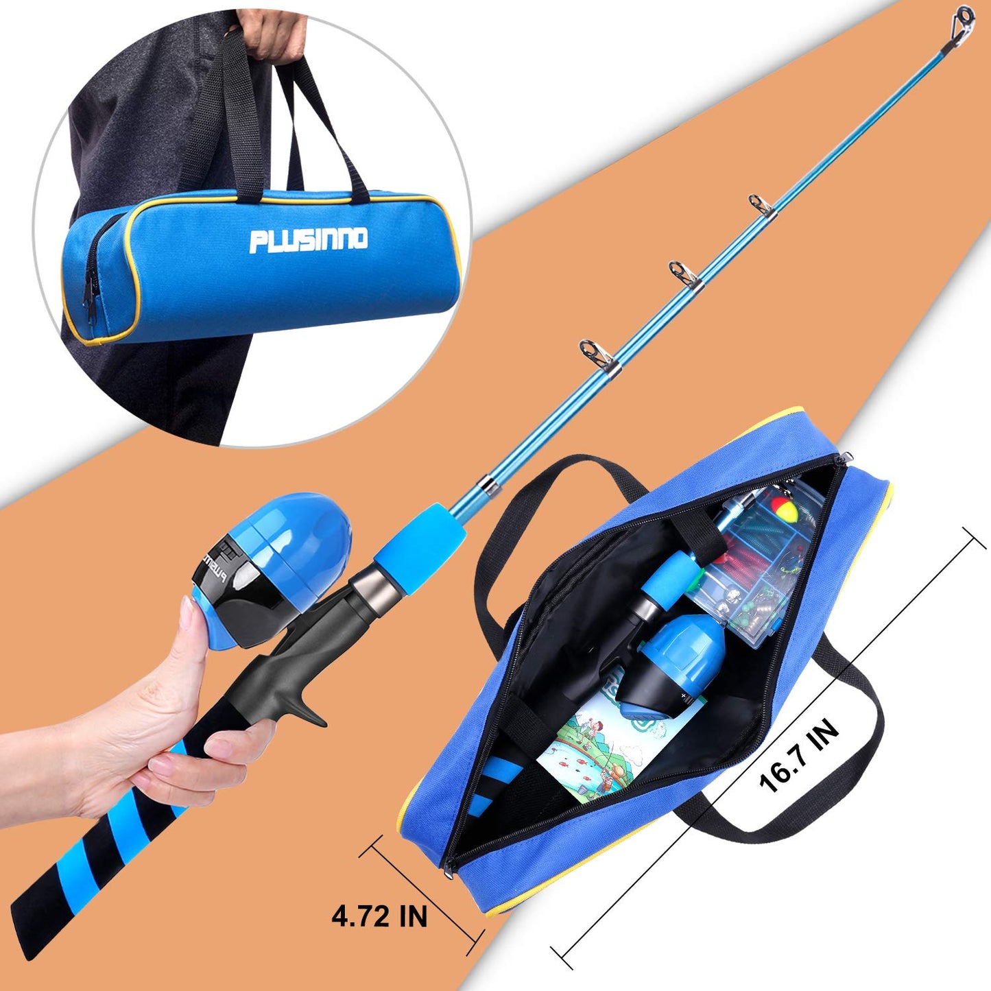 PLUSINNO Kids Fishing Pole, Portable Telescopic Fishing Rod and Reel Combo Kit - with Spincast Fishing Reel Tackle Box for Boys, Girls, Youth (Blue, 1.2M 3.94Ft)