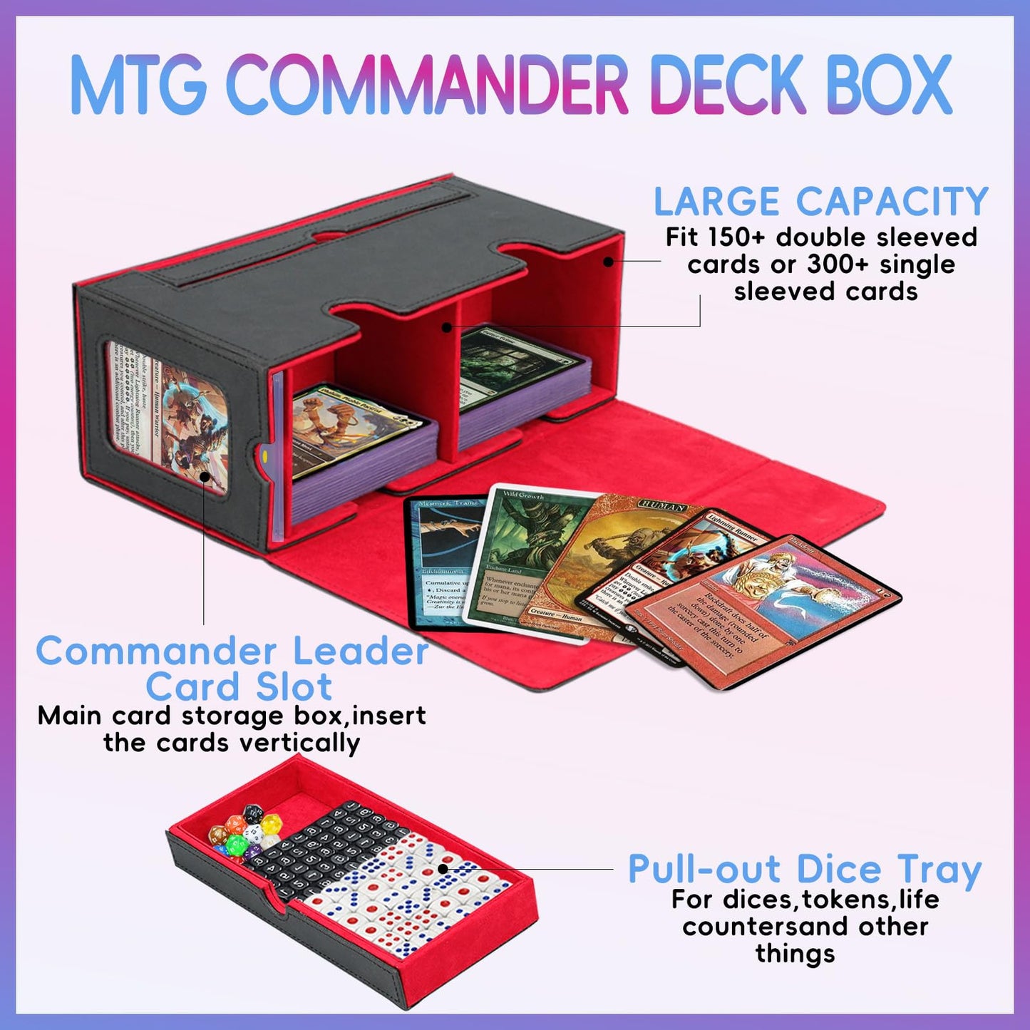 QTYORD Card Deck Box for Trading Cards with Dice Tray&Commander Dispaly, Card Storage box Fits 200+ Single Sleeved Cards, PU Magnet Card Deck Case for MTG TCG (Black/Red)