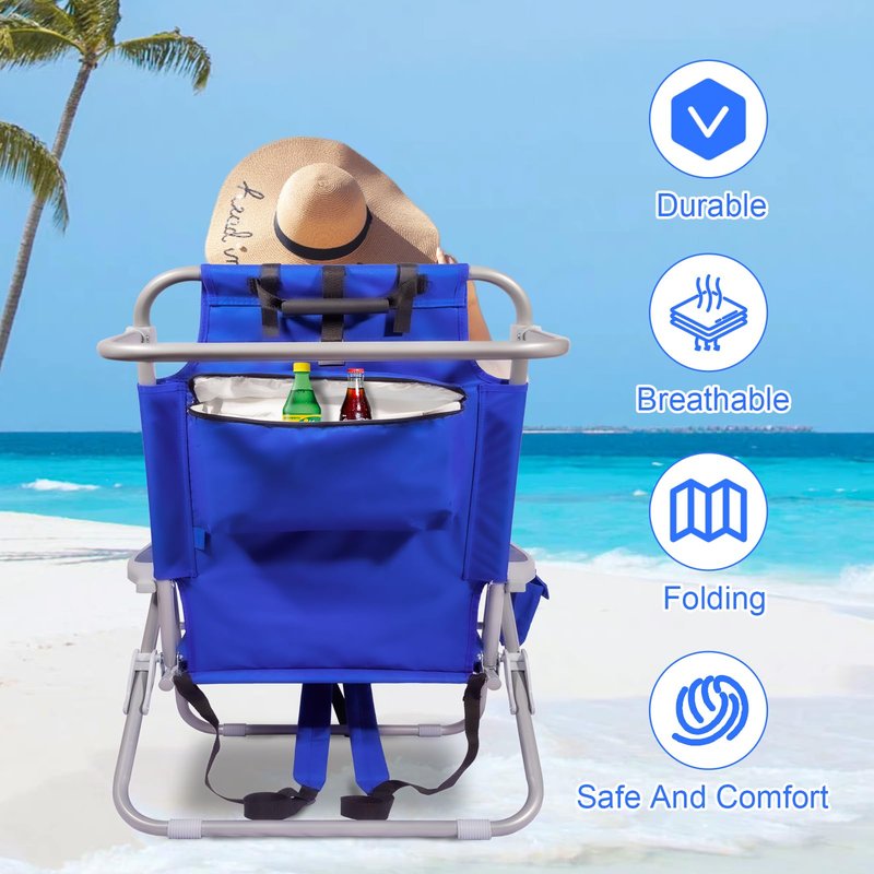 Yestomo Beach Chair with Backpack Straps, Heavy Duty Backpack Beach Chairs for Adults with 5 Positions, Lay Flat Beach Chair with Large Cooler Pouch, Support to 350LBS