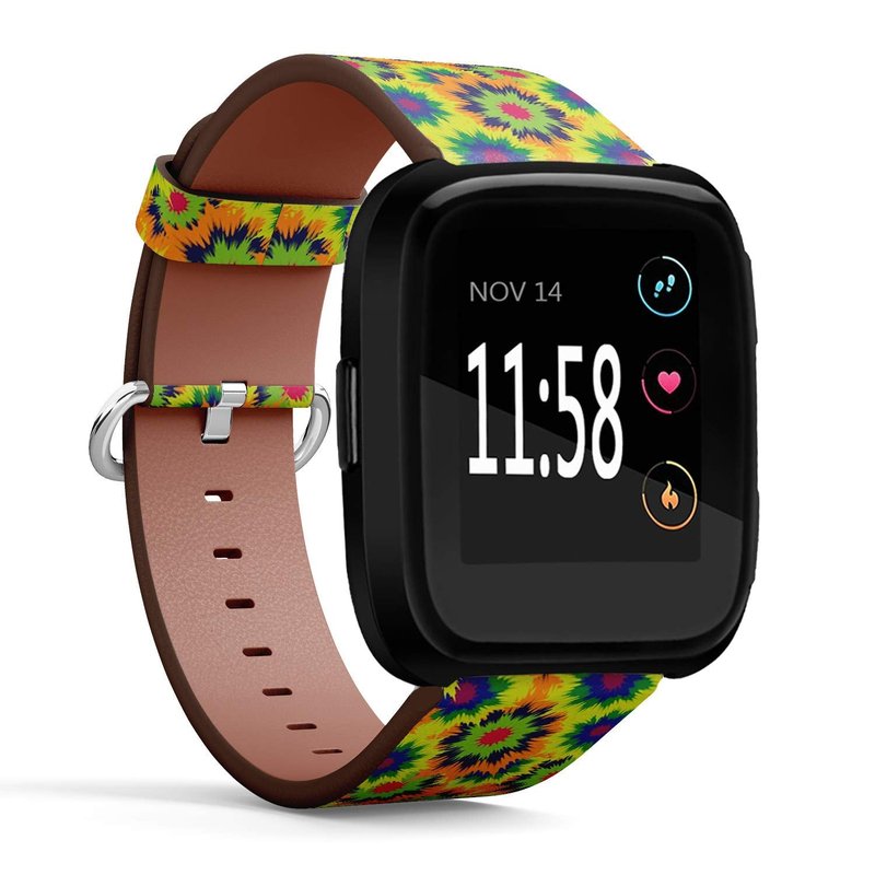 Compatible with Fitbit Versa, Fitbit Versa 2, Fitbit Versa Lite, Leather Wristband Bracelet with Quick-Release Spring Pins - Tie Dye Repeating