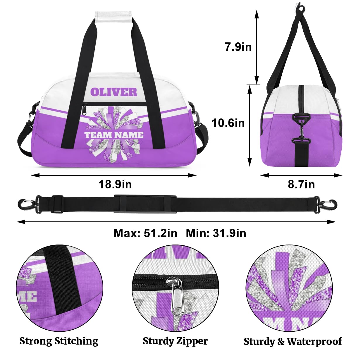 Personalized Cheerleader Bag Dance Bag for Girl, Custom Team Bag Gym Bag Sport Duffel Bag, Weekender Bags Travel Bag for Cheer Team Purple Sliver Glam