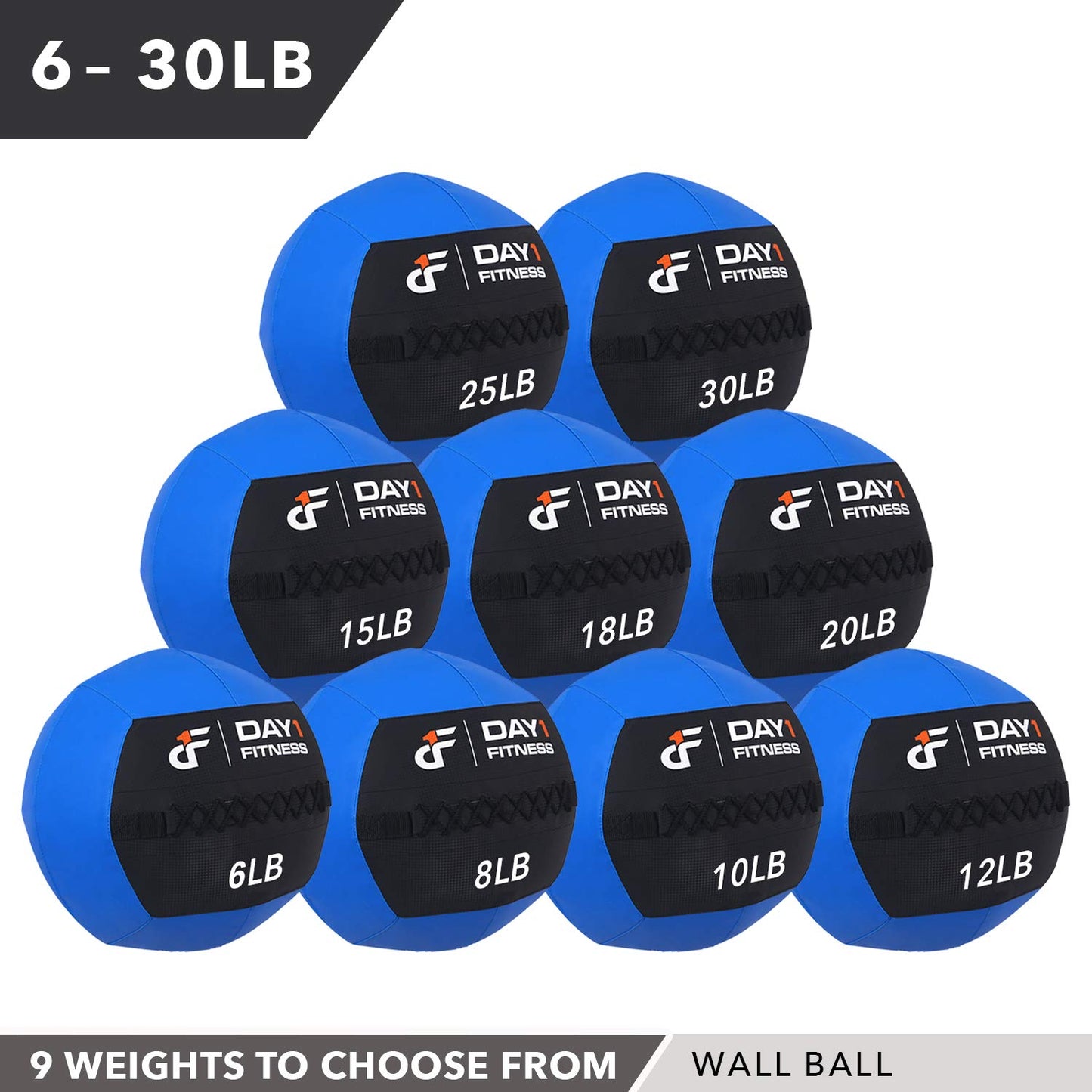 Day 1 Fitness Soft Wall Medicine Ball 30 Pounds BLUE - for Exercise, Rehab, Core Strength, Large Durable Balls for Floor Exercises, Stretching, Blue/Black