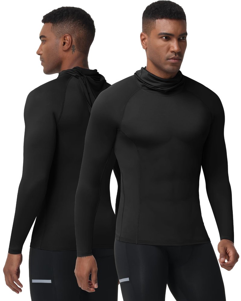 RIKUAOU Men's Compression Shirt Hoodie with Mask, Long Sleeve Athletic Base Layer Top, Cool Dry Workout Sports Undershirt Black