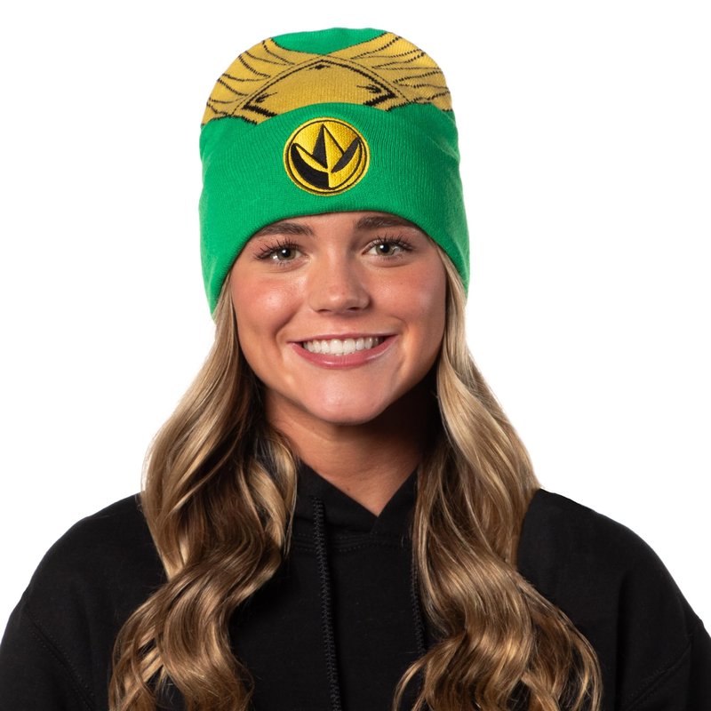 Mighty Morphin Power Rangers Men's Green Ranger Beanie Gold Armor Embroidered Patch Knit Fold Cuff Beanie Hat OSFM