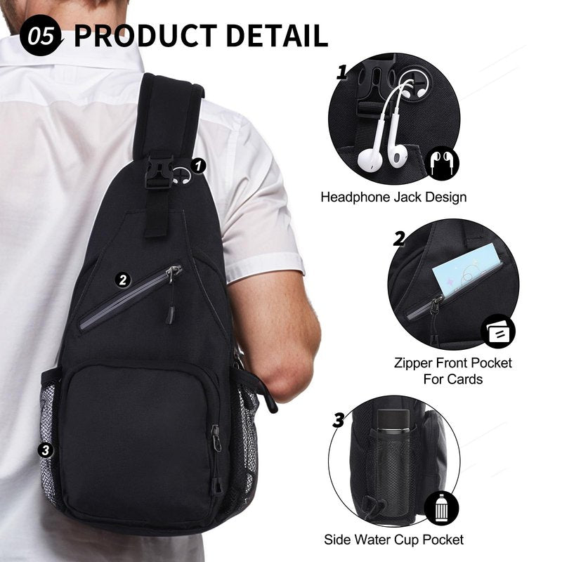 SUIKIHUM Small Sling Bag, Water Resistant 11 Inch Crossbody Chest Bags Oxford Daypack Backpack with Headphone Jack with Anti-theft Pocket for Men Women (Black)