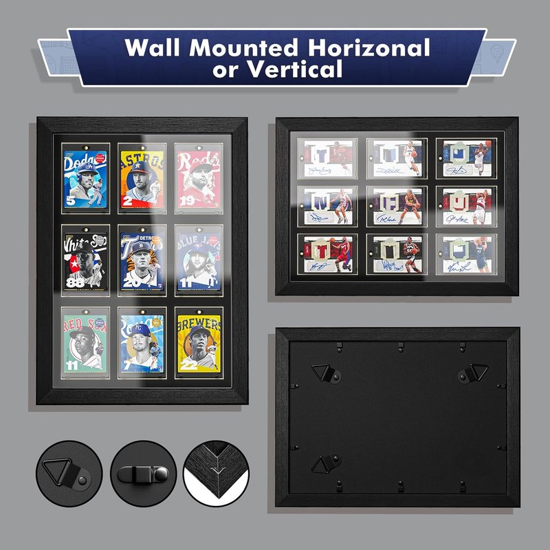 Trading Card Display Case - Wall Mount for 9 Standard Cards | UV Protection Magnetic Holder for Baseball, Football, Basketball, Hockey