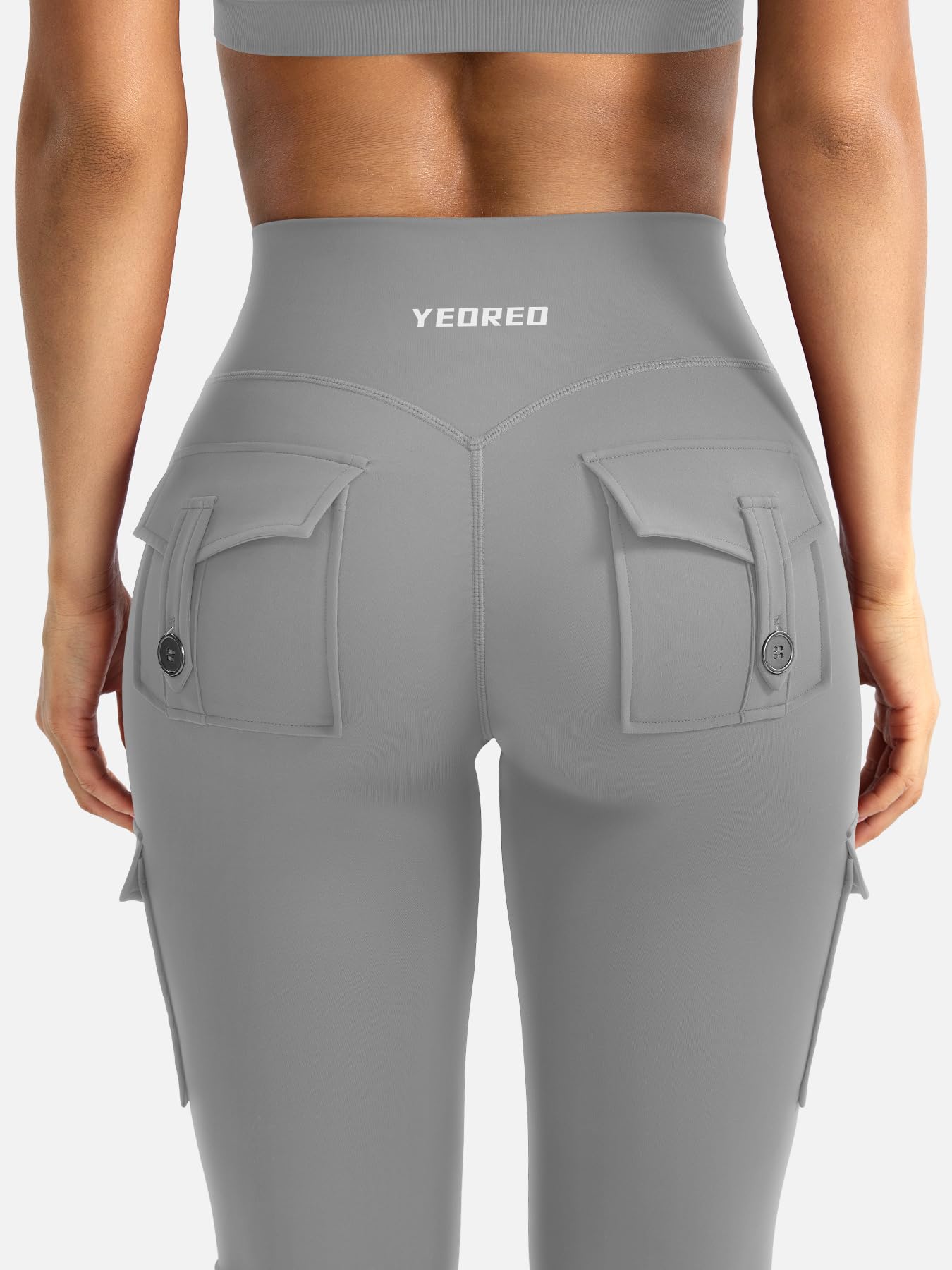 YEOREO CoreFlex Women Workout Flare Leggings with Pockets Hidden Scrunch High Waisted Cargo Gym Yoga Leggings Light Grey L