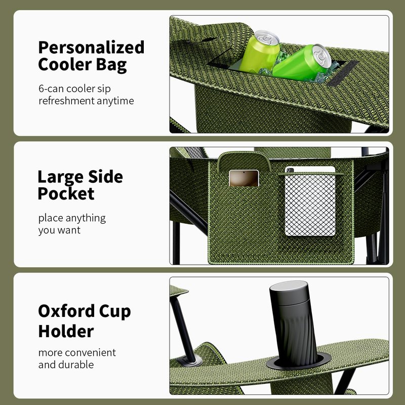 Heavy Duty Folding Chair 500LB Capacity, Oversized Camping Chairs with Cup Holder, Cooler Bag & Storage Pouch, Outdoor Chairs for Sports, Lawn Chairs , Fishing, Beach (2, Black Green, Oversized)
