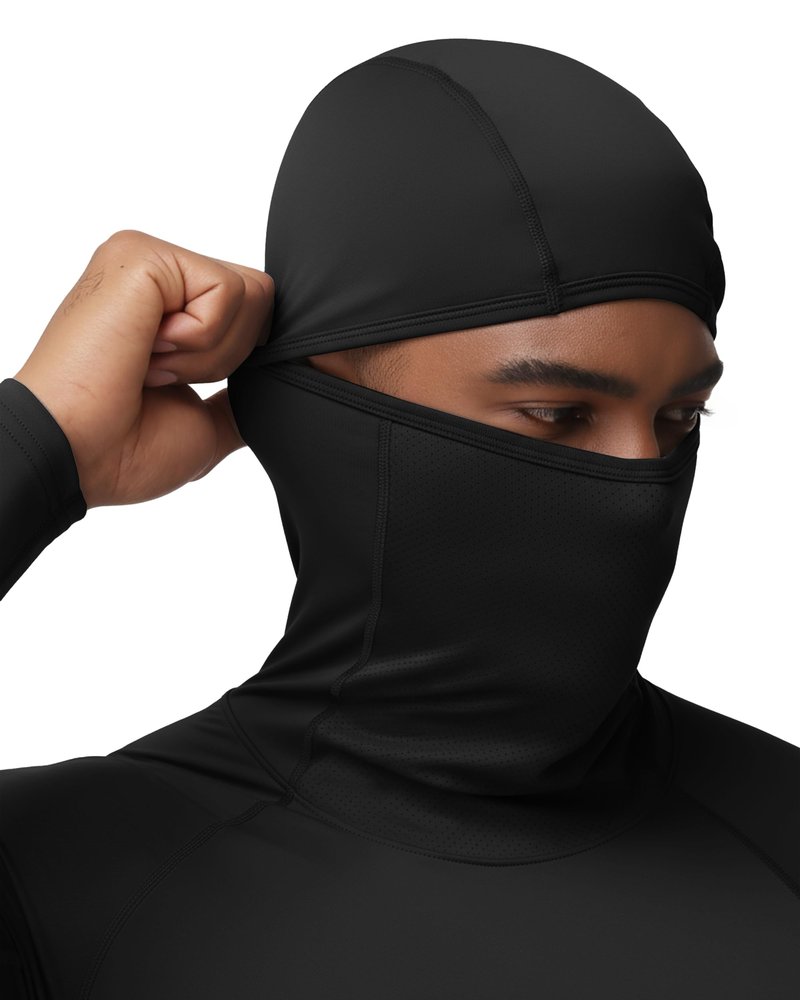 RIKUAOU Men's Compression Shirt Hoodie with Mask, Long Sleeve Athletic Base Layer Top, Cool Dry Workout Sports Undershirt Black