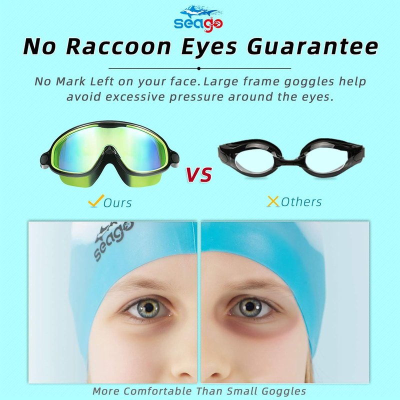 Seago Swim Goggles - Anti-Fog, UV Protection, Wide View | 2 Pack for Kids Ages 3-14