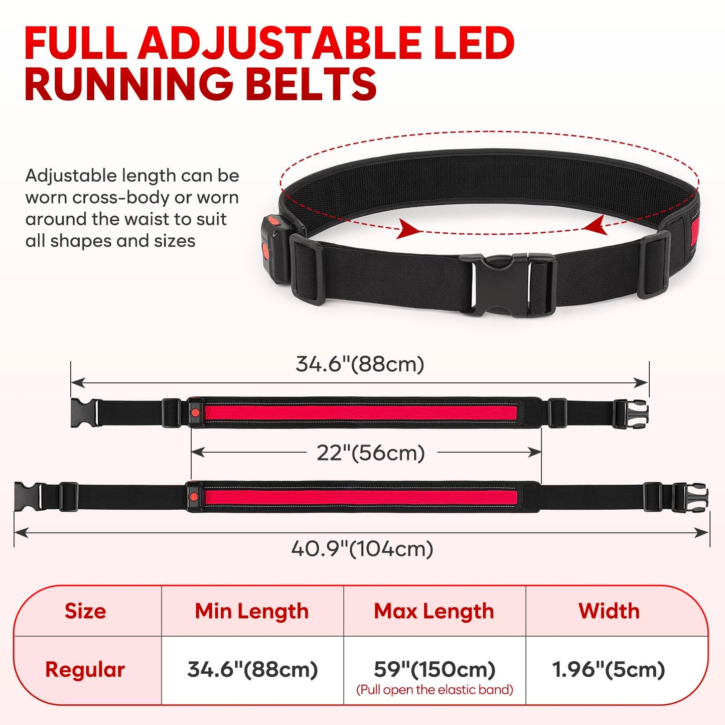 Illumifun LED Running Belt, Light Up LED Waist Belt, High Visibility Gear for Running Walking Cycling Camping (Red)