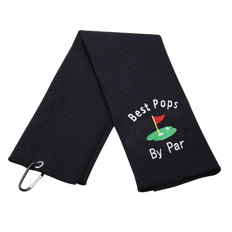 LEVLO Dad Golf Towel Embroidered Golf Towel Gift Golf Father Gift Best Pops/Grampy/Papaw/Opa by Par Golf Towel with Clip (Pops-Black)