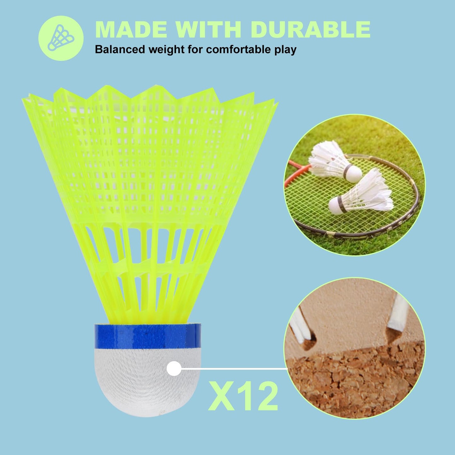 YAKS 3U Professional Carbon Fiber Badminton Racket Set - 2 Rackets Includes 12 Shuttlecocks & Carry Bag, Durable & Lightweight White