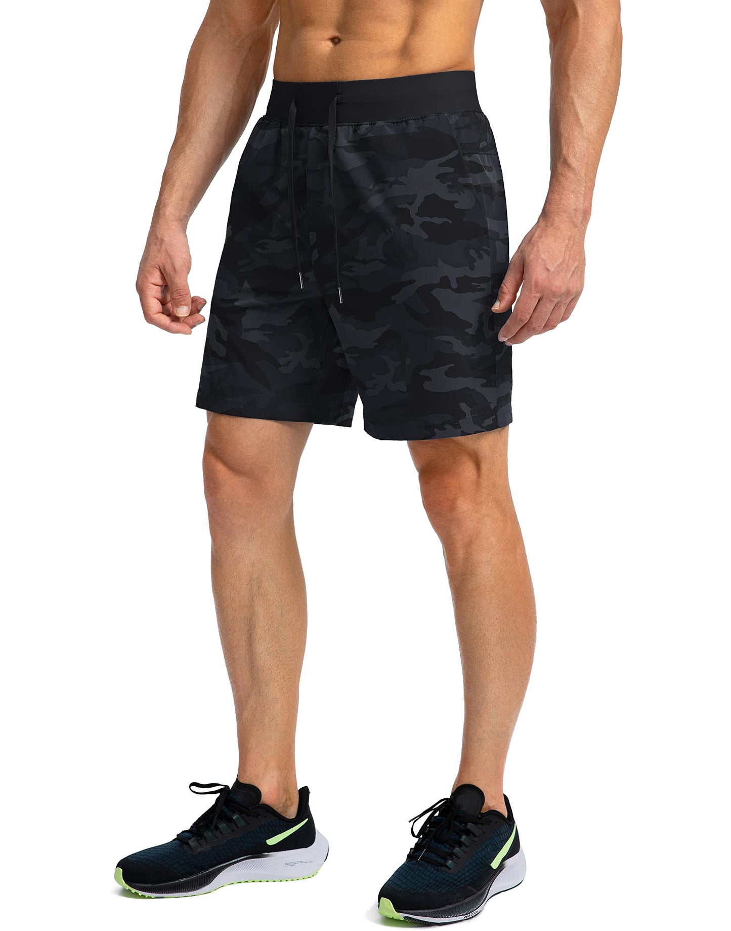 Soothfeel Men's Running Shorts with Zipper Pockets 7 Inch Lightweight Quick Dry Gym Athletic Workout Shorts for Men (Grey Camo, XS)