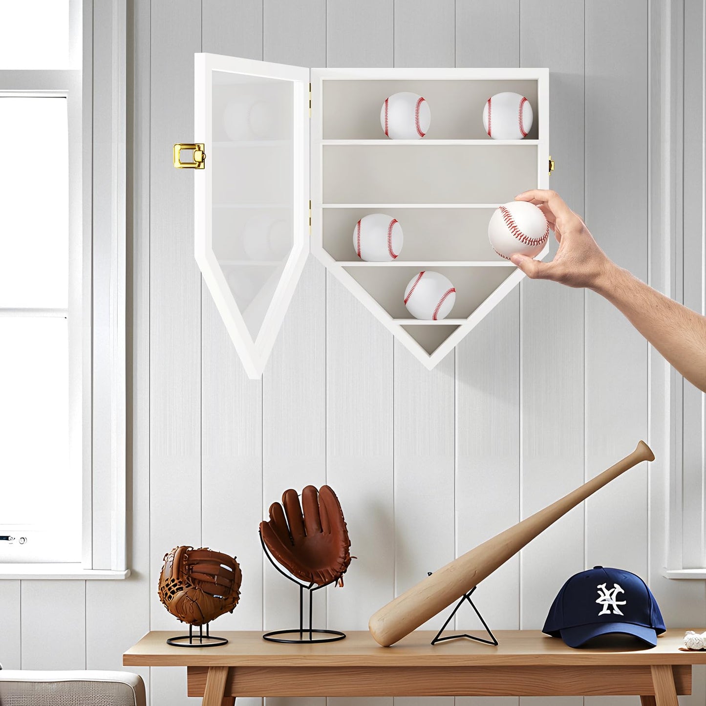 TJ.MOREE 12 Balls Baseball Display Case Wall-Mounted, Durable Wood White