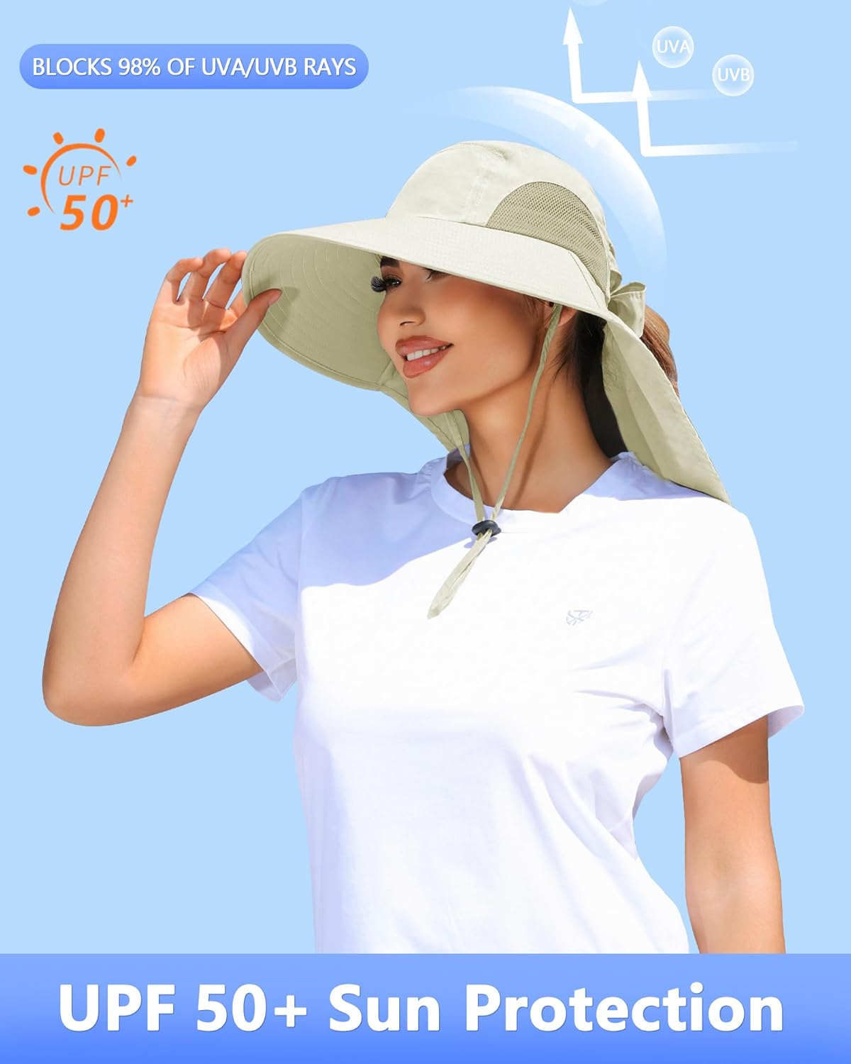 Women's UV Protection Sun Hat - Wide Brim Fishing Hat with Ponytail Hole & Neck Flap | Ideal for Beach, Hiking, Camping