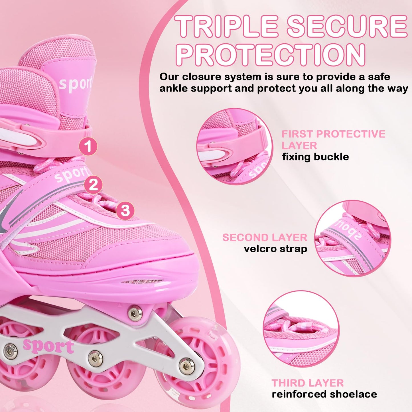 Pink Children Inline Skates for Girls Boys Adjustable 4 Size with Full Wheels Illuminating, Girls Blades Roller Skates for Kids Outdoor Small Size