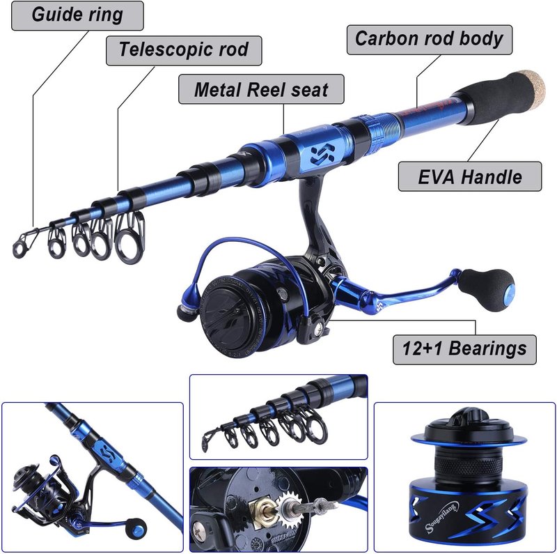 Sougayilang Fishing Rod and Reel Combo - 24 Ton Carbon Fiber, Portable Telescopic Spinning Rod for Saltwater & Freshwater Fishing