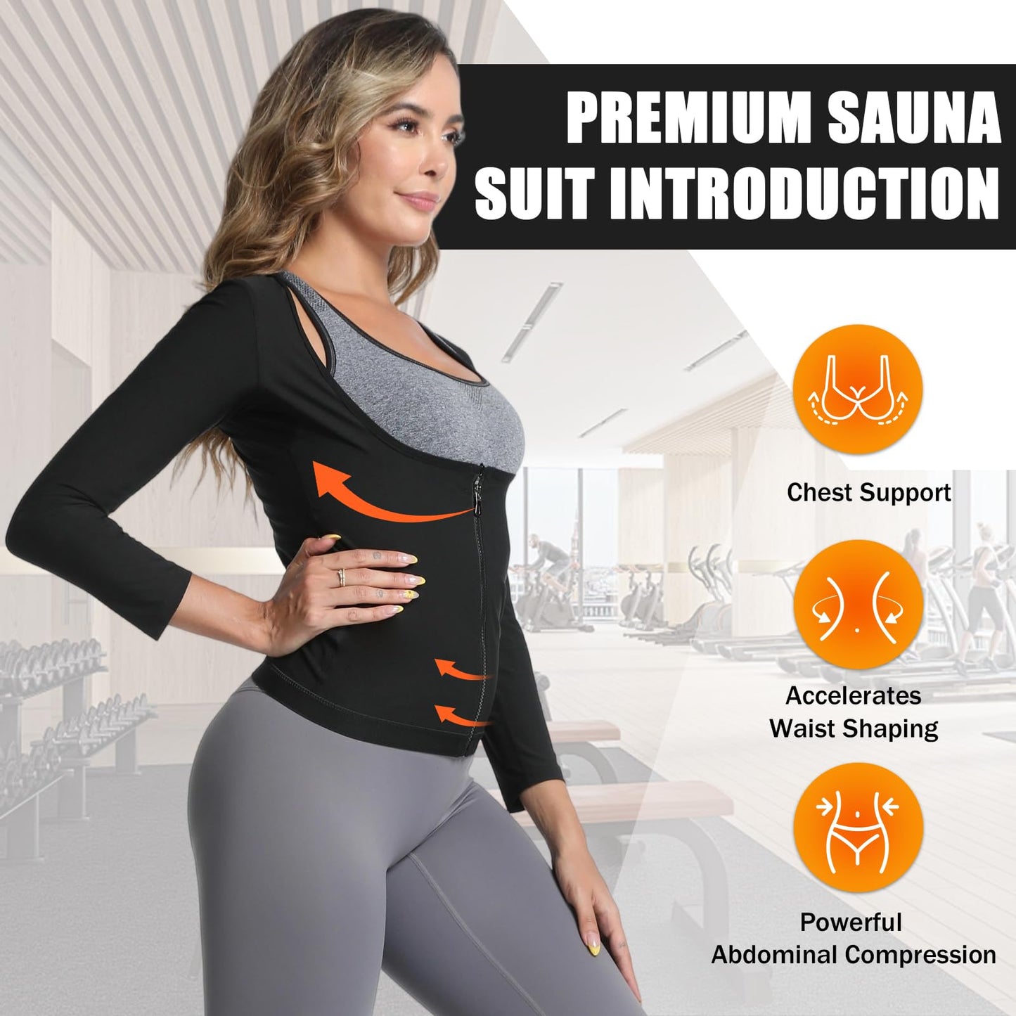 Towintec Sauna Suit for Women Heat Trapping Long Sleeve Sweat Suit Belly Fat Weight Loss Compression Shirts Waist Trainer Workout Body Shaper Tops with Zipper for Athletic Sports Training(Silver,M)