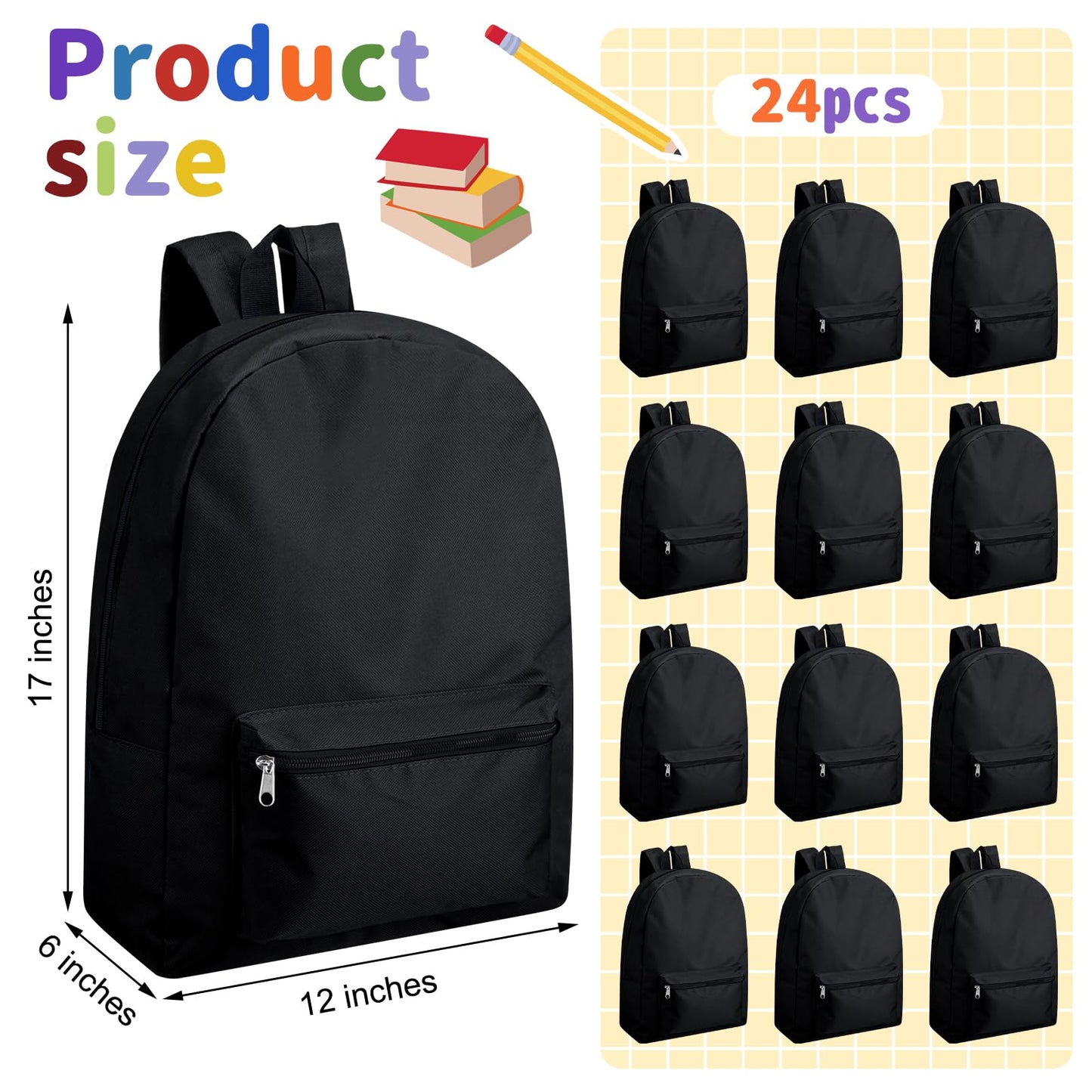Amylove 12 Pack Backpack in Bulk 17 inch Lightweight Outdoor Travel Bag Classic Bookbags Bulk for Elementary Middle High(Black,Classic)