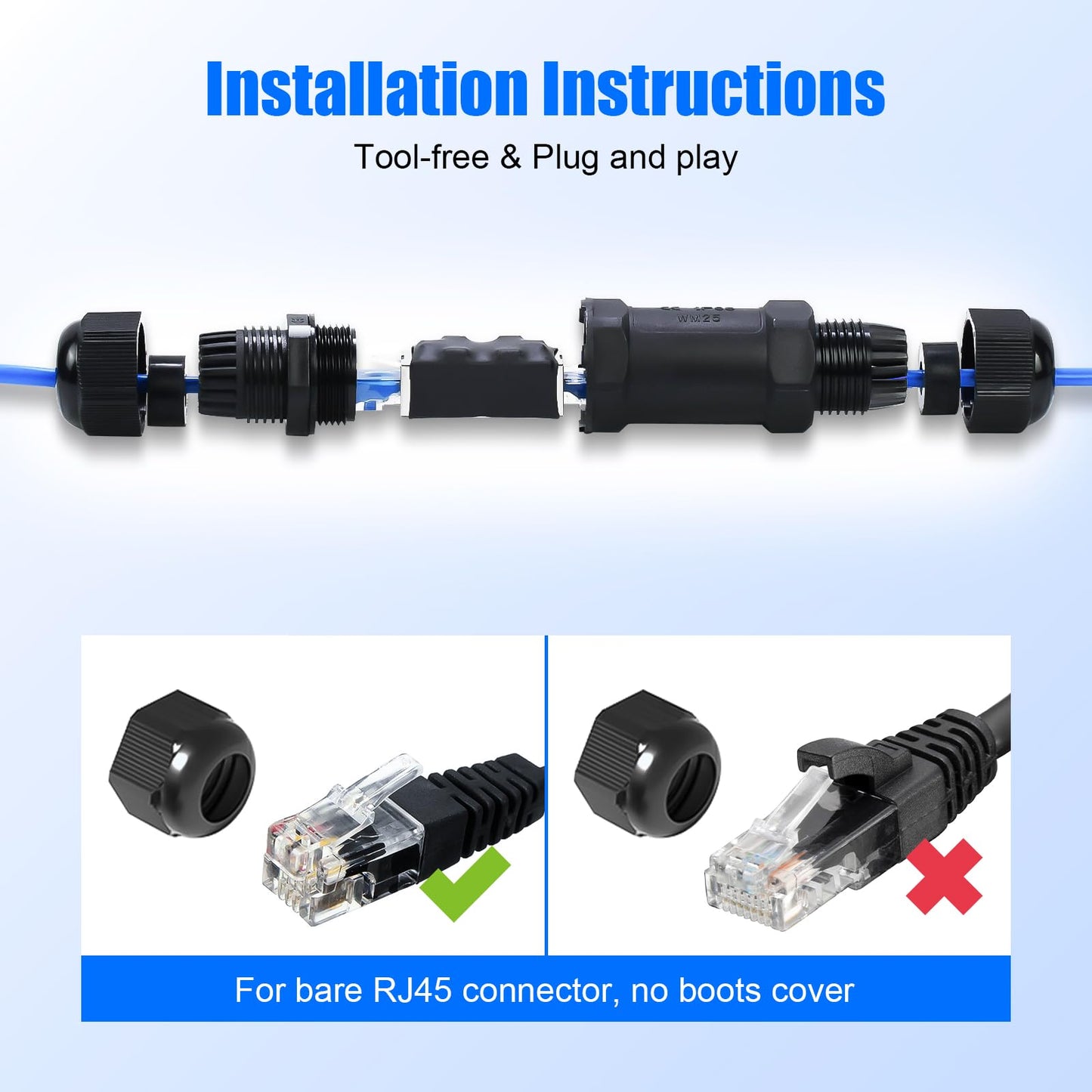 QINGLER Waterproof RJ45 Ethernet Coupler with PoE Support 2 Pack