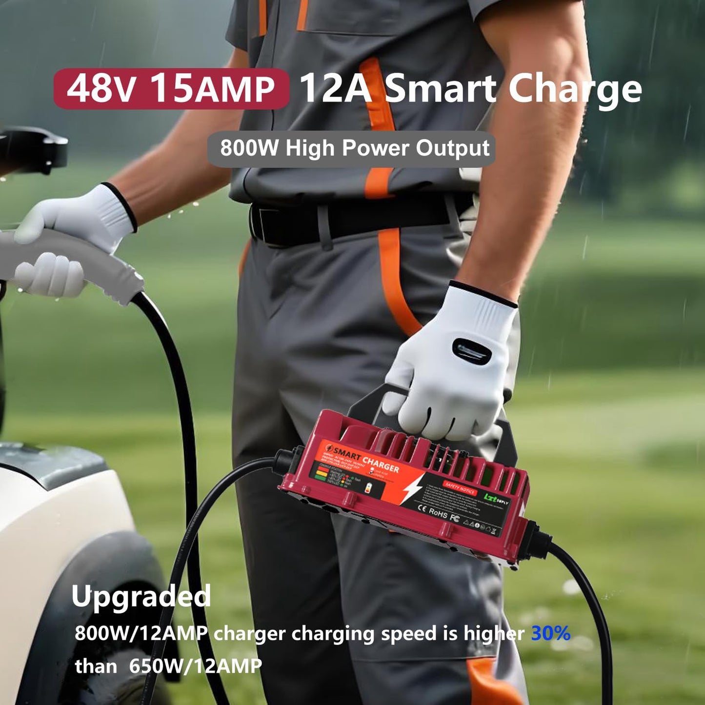 Lztsuply 48V 15Amp Golf Cart Battery Charger for EZGO RXV & TXT with Upgraded 3-Pin Triangular Plug &16Ft Cable, IP67 Waterproof Smart Trickle Charger Delta-Q Plug for 48 Volt Lead-Acid Batteries