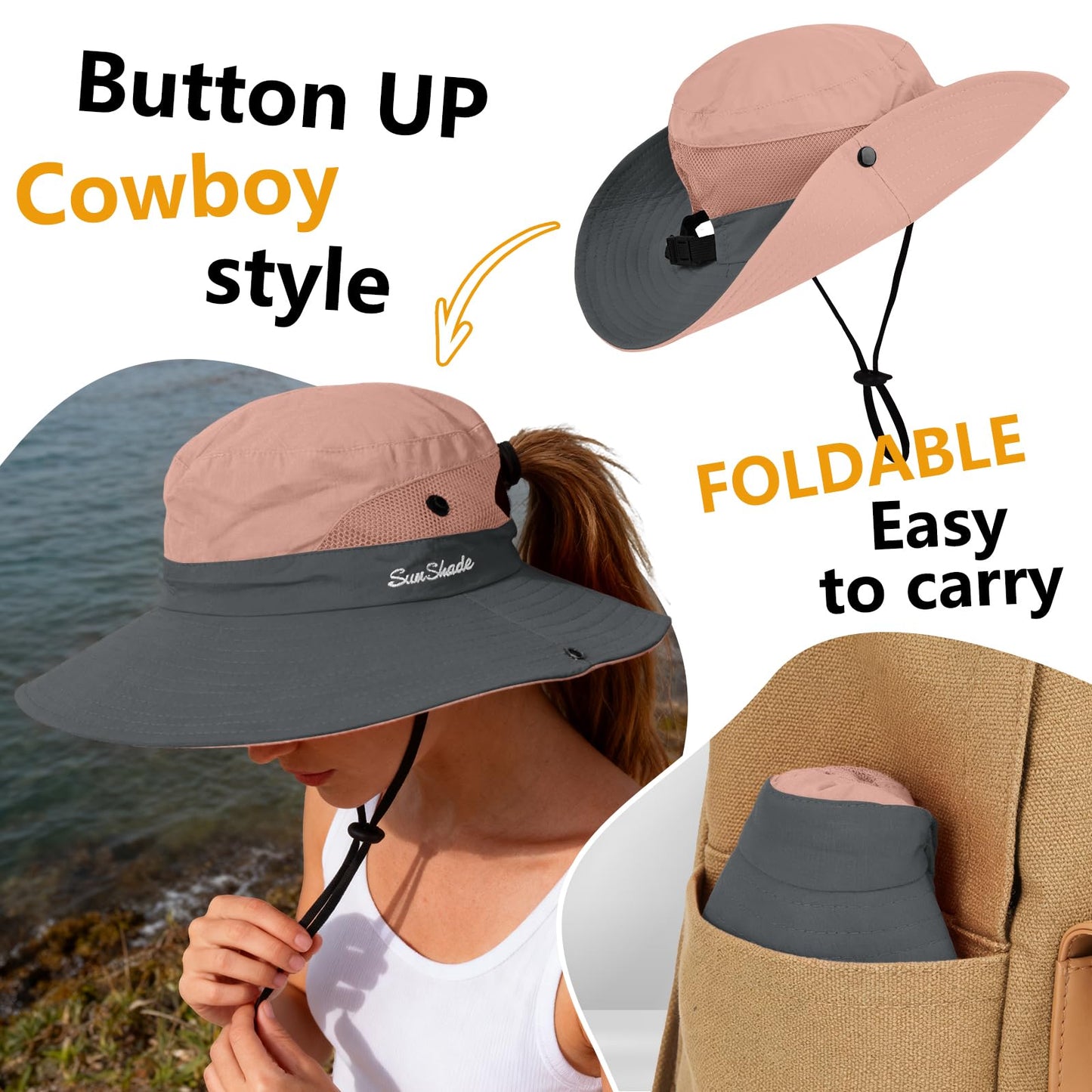 ZOORON Women's Ponytail Safari Sun Hat,Wide Brim UV Protection Outdoor Bucket Hat,Foldable Beach Summer Fishing Hat