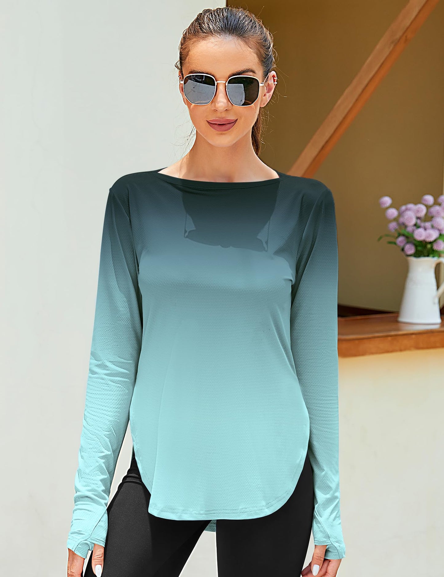 ZHENWEI Long Sleeve UPF 50+ Shirts for Women Outdoor Athletic Sun Shirts Quick Dry Running Boat Neck Light Weight Gym Tops (Black Blue Tie-Dye, L)