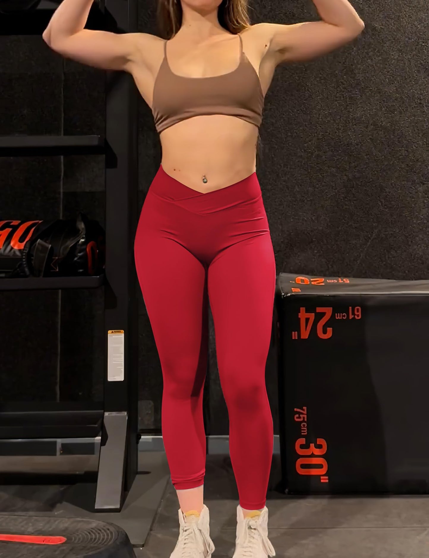 YEOREO Leggings with Pockets for Women Charm Scrunch Workout Leggings V Cross Waist Butt Lifting Gym Yoga Pants Red M