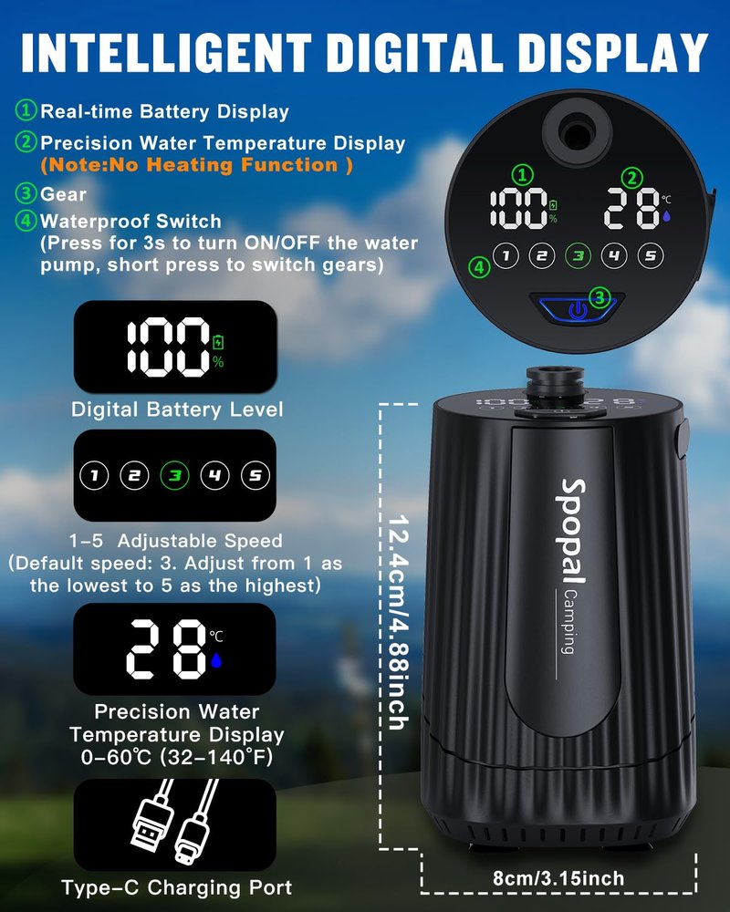 Spopal Portable Shower for Camping with 5-Gallon Water Jug, [Upgraded] 10000mAh Rechargeable Camping Shower with 5 Adjustable Speeds, Food Grade Material Water Containers for Hiking, Travel, Car, Pet