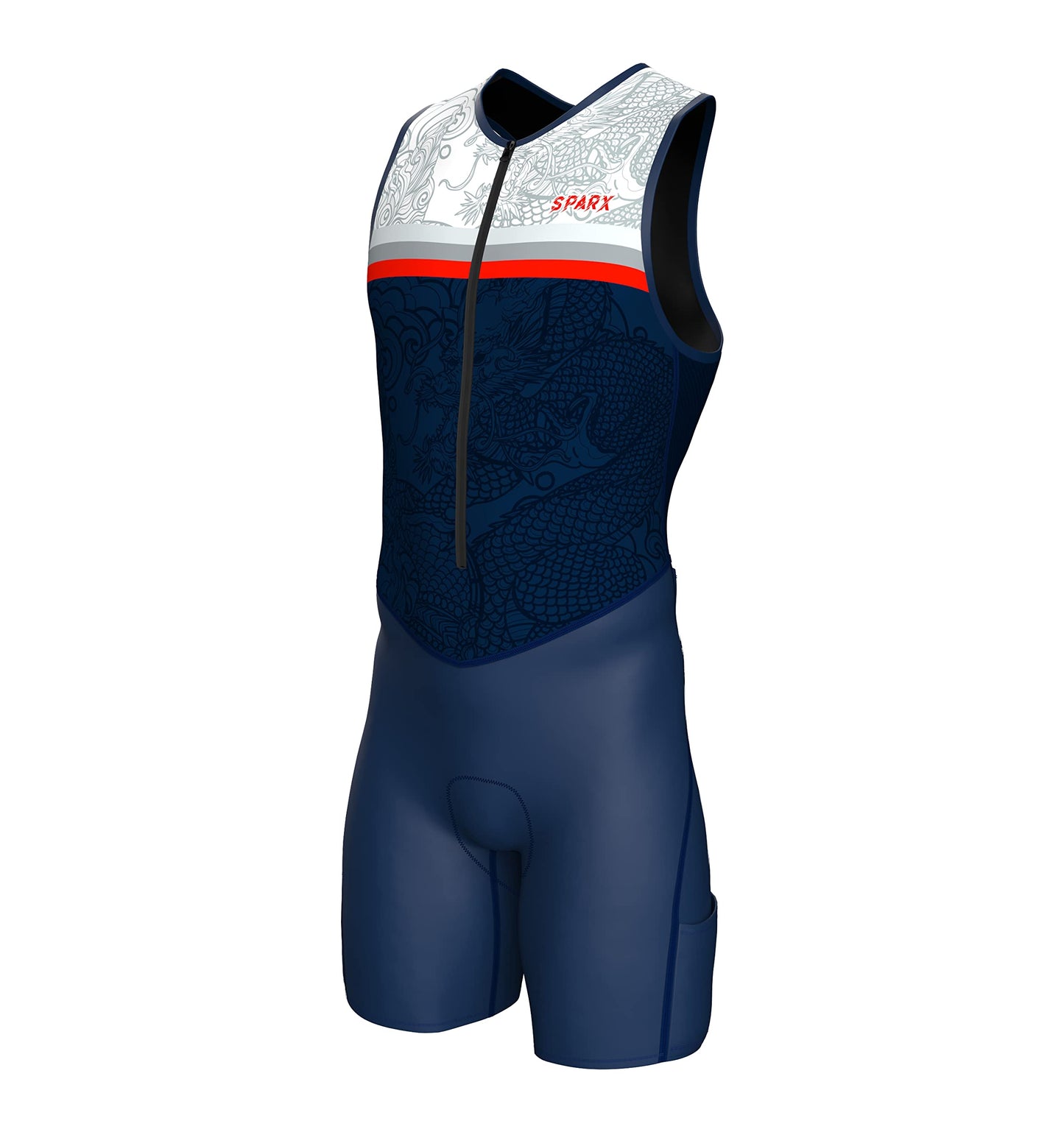 Sparx Men's Premium Triathlon Suit – Padded, Quick-Dry, Compression Fit, Lightweight Tri Suit for Swim, Bike, Run Race & Training (Medium, Navy Dragon)