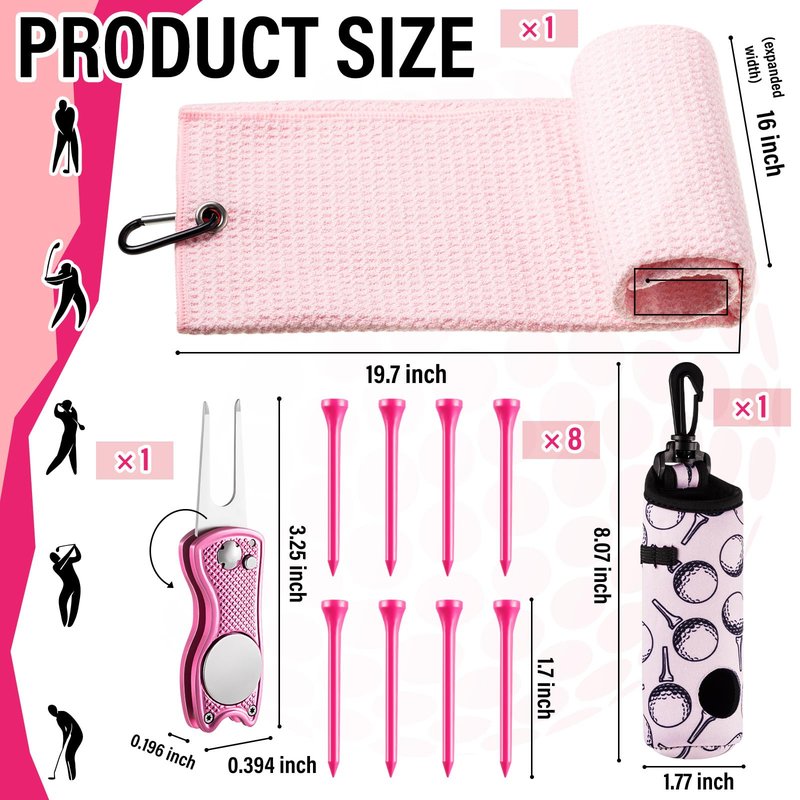 Liliful 12 Pcs Golf Accessories Kit, Include Golf Ball Bag with Hook Towel Tees Magnetic Ball Marker Divot Tool Cleaner Brush for Women Man Gifts(Pink)