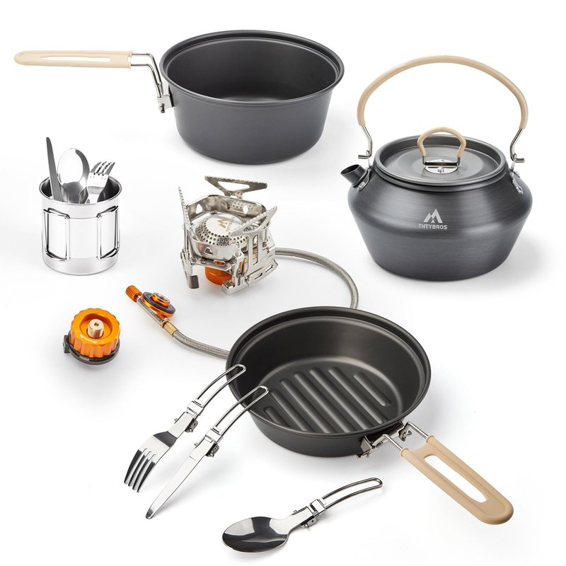 15pcs Camping Cookware Kit,Camping Cookware Mess Kit with 3500W Stove,Pot,Pan,Kettle Set with Stainless Steel Cup,Forks Knives Spoons for Hiking,Camping,Outdoor Cooking and Picnic