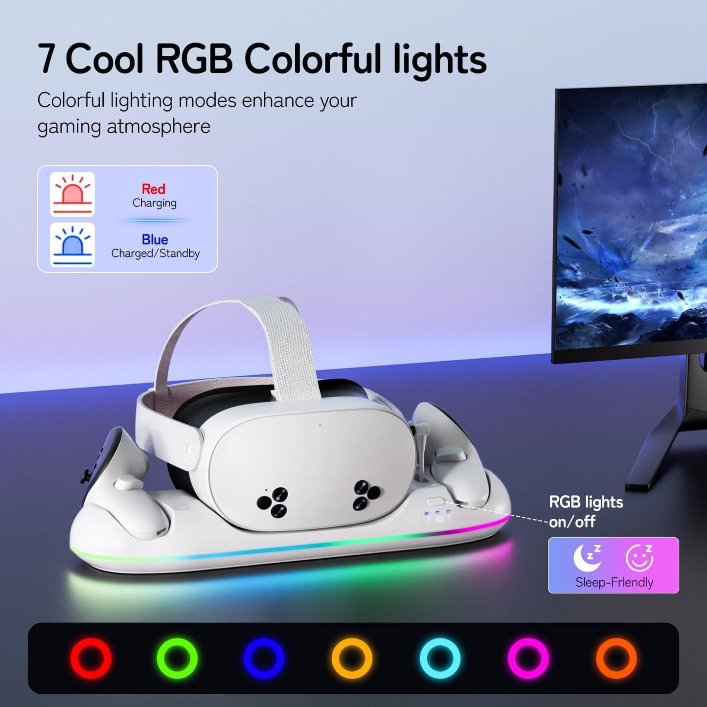 GearSpire Charging Dock Station for Quest 2/3/3S, White RGB LED Stand with USB-C Fast Charging, Controller Charger, VR Headset Accessories