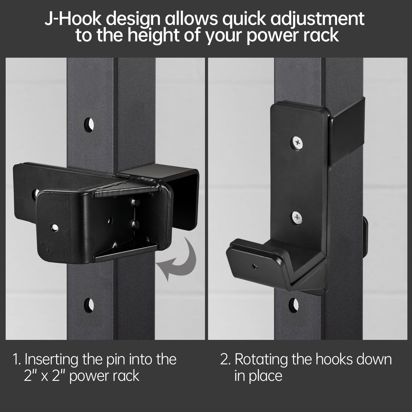 AINAFIX J Hooks for 2" x 2" Power Rack with 5/8" Hole, Rubber Pad J-Hook for Power Cage, Bottom Reinforced Steel J Cups for Squat Rack, Heavy Duty Barbell Holder, Black(5/8" Hole)