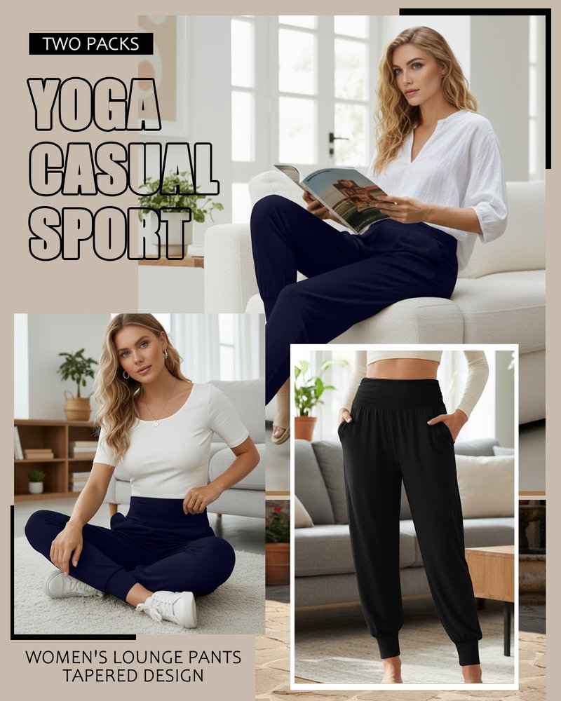 Locoowai 2 Pack Women's Yoga Joggers, Cozy Sweatpants with Pockets Casual Loose Comfy High Waisted Lounge Pants(Black, Navy Blue,Medium)