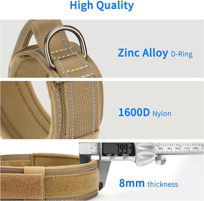 Reflective Tactical Dog Collar - Adjustable Military Nylon with Control Handle | Heavy Duty for Medium & Large Dogs, 1.5" Width, Brown
