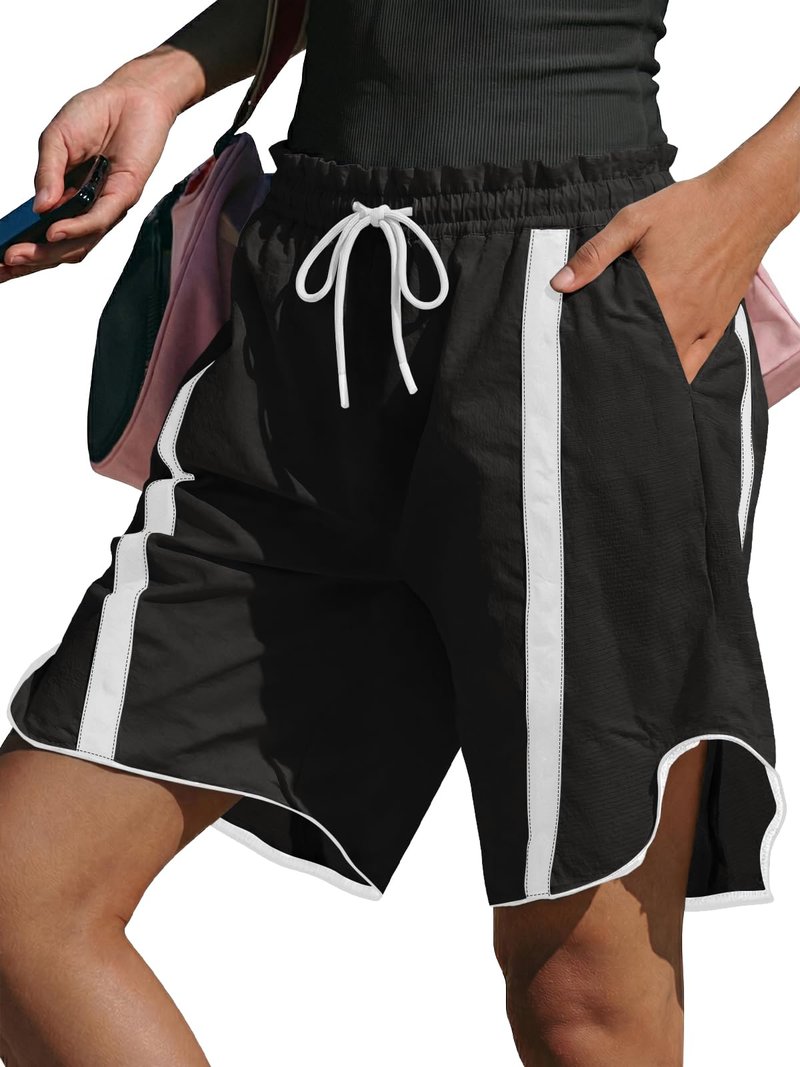 Fisoew Womens Baggy Cargo Shorts Casual Wide Leg Knee Length Drawstring Elastic Waist Workout Running Athletic Yoga Shorts Black