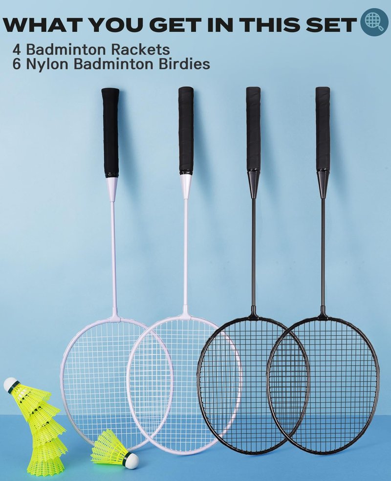 AboveGenius Badminton Rackets Set of 4 for Outdoor Backyard Games, Including 4 Rackets, 6 Nylon Badminton Shuttlecocks, Lightweight Badminton Racquets for Beginners