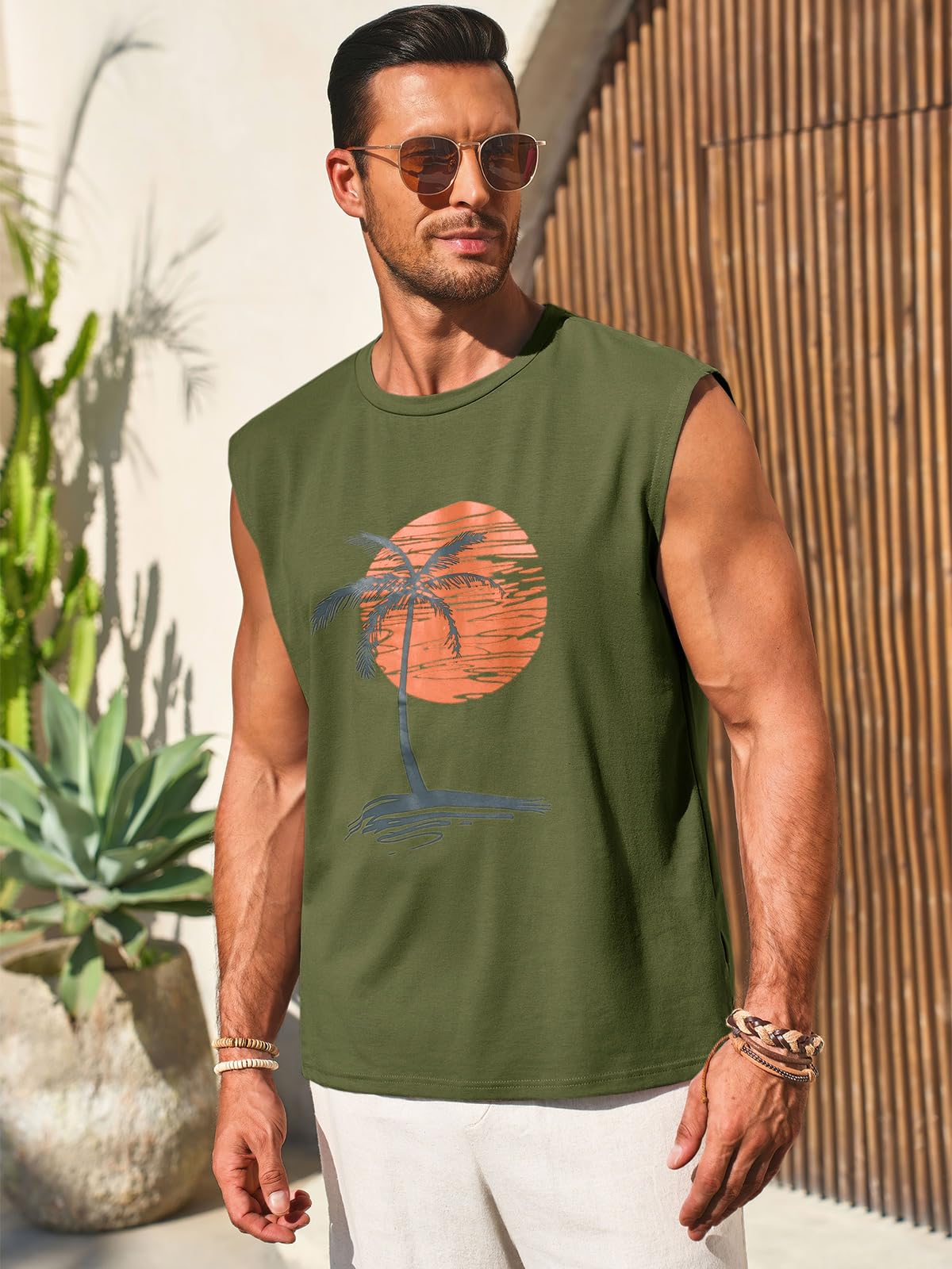 Runcati Mens Sleeveless Tank Tops Workout Gym Muscle Shirts Palm Tree Vintage Hawaiian Summer Beach T Shirts Army Green