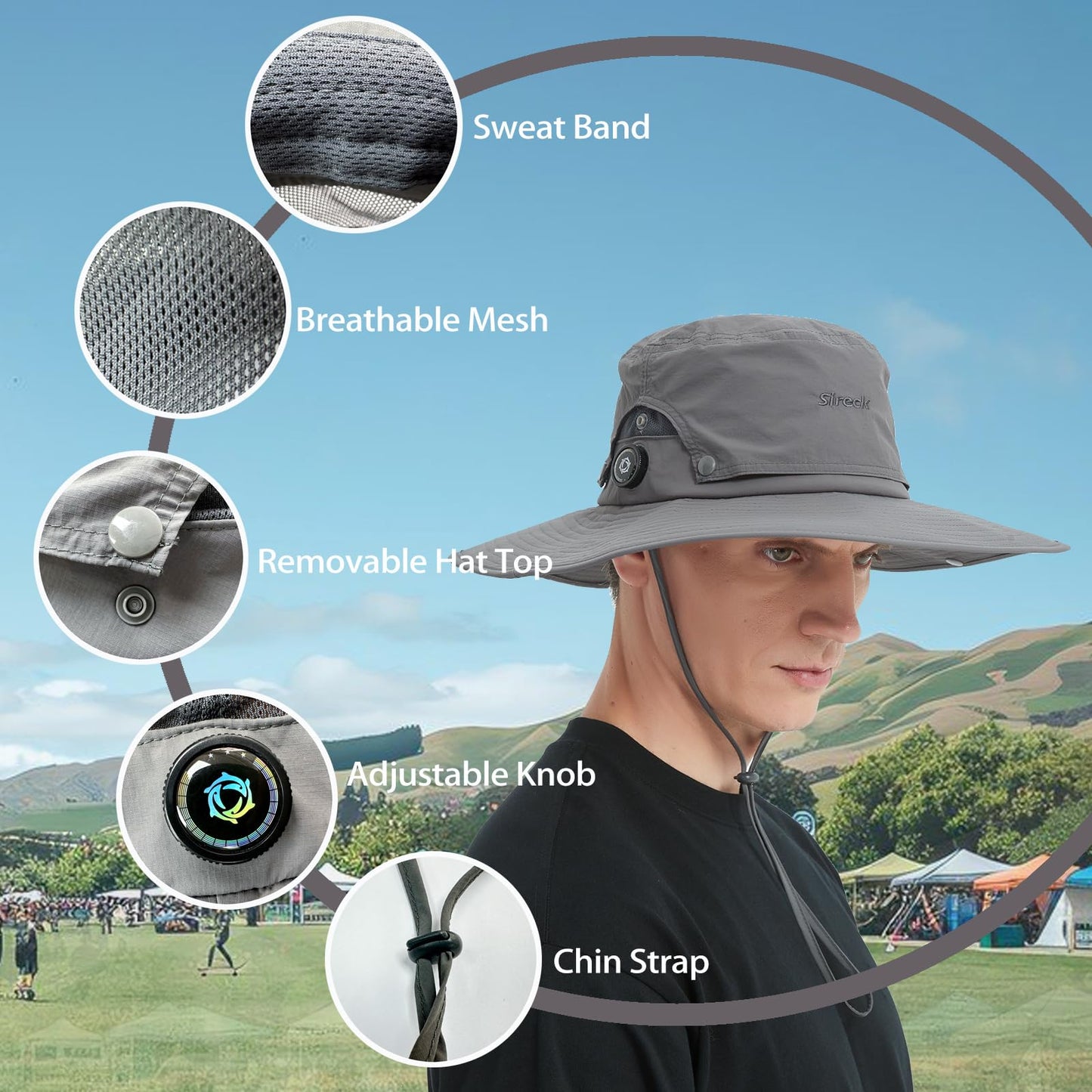 Sireck Men Fishing Hat, Adjust Rotating Buckle Sun Hat, Wide Brim UPF 50+ UV Protection Summer Safari Hat,Bucket Hiking Hat