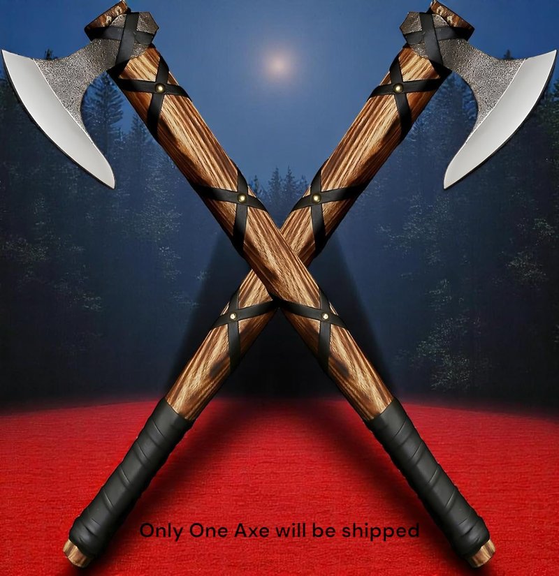 Poshland AX-7000 Custom Gift Forged Carbon Steel Viking Axe with Rose Wood Shaft, Viking Bearded Camping Axe (AX-7000) (AX-5936)