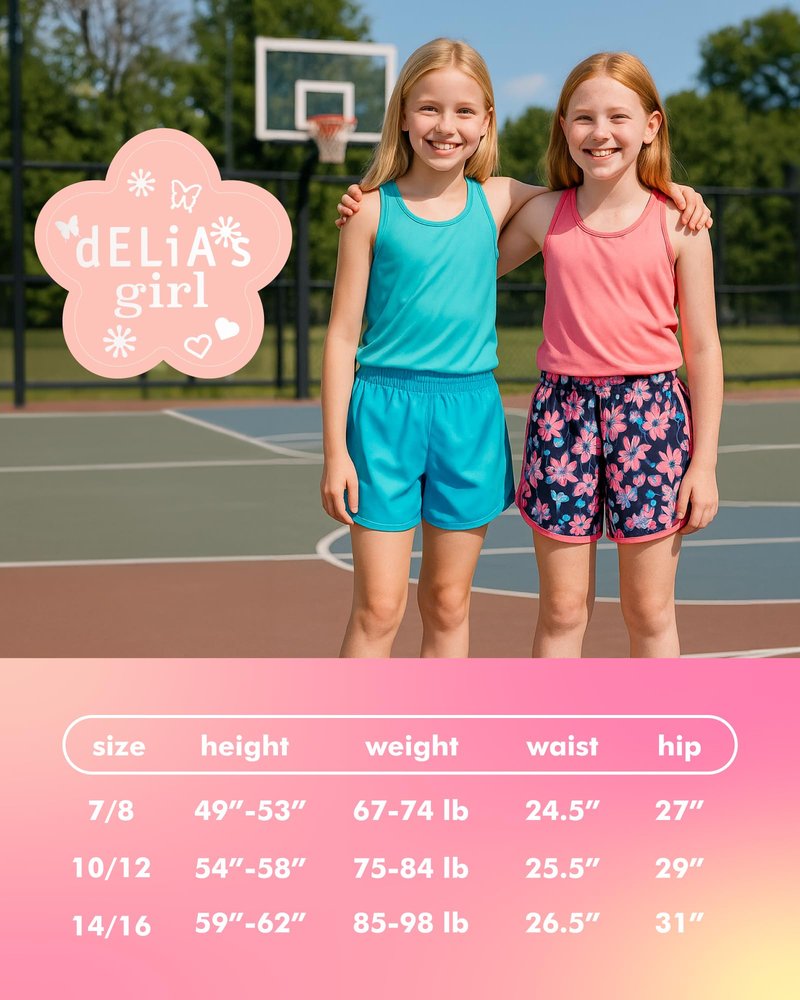 dELiA*s Girls Athletic Shorts - 4 Pack Performance Gym Shorts for Outdoor Activities with Fanny Pack - Size Up for Better Fit, Size 10/12, Black Hearts/Pink Geometric